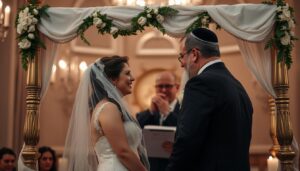 זוג עומד תחת חופה מסורתית בברכה קצרה לחתונה