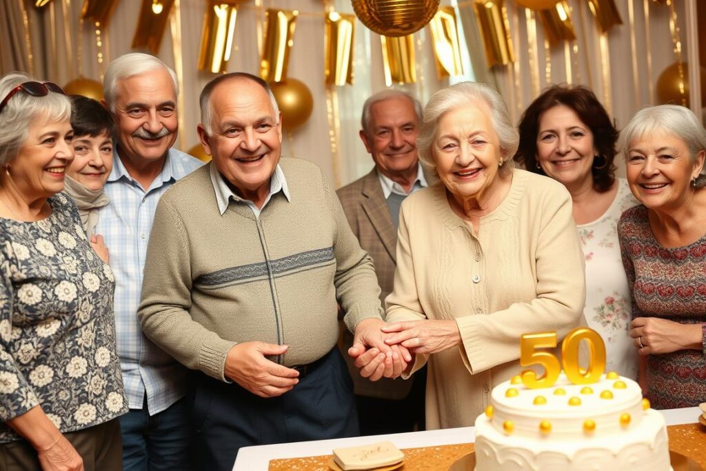 זוג מבוגר חוגג חתונת זהב עם משפחתם