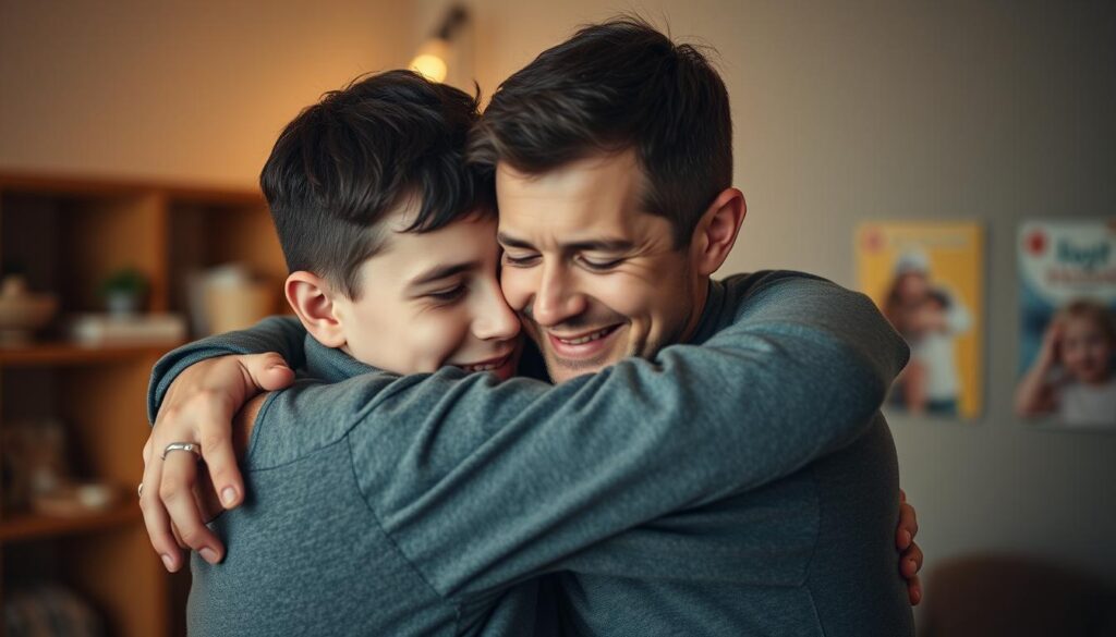 שני אחים בוגרים מחובקים ברגע רגשי, מסמל את הקשר העמוק והמיוחד בין אחים שני אחים בוגרים מחובקים ברגע רגשי, מסמל את הקשר העמוק והמיוחד בין אחים