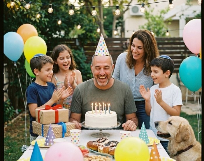 המשפחה אומרת ברכות לאבא ליום הולדת