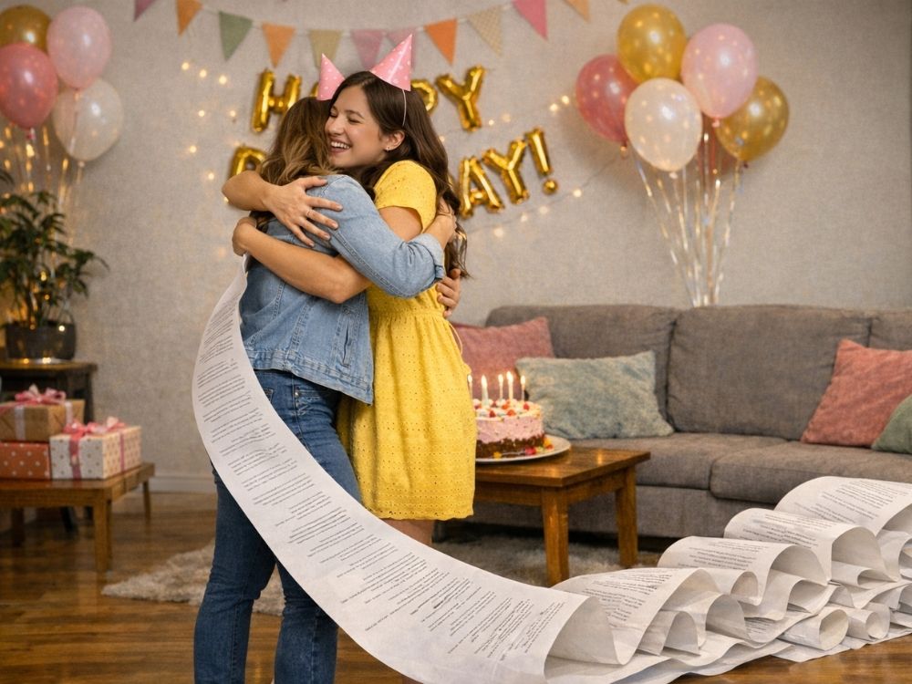 חברות מתחבקות אחרי ברכה ארוכה לחברה שלה ליום ההולדת