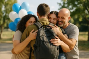 משפחה מחבקת חייל צעיר ביום הגיוס - ברכות לגיוס לצבא
