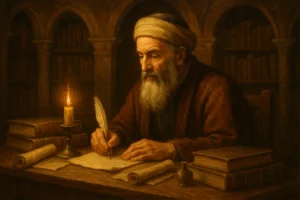 איור אמנותי של חכם יהודי מימי הביניים כותב ליד ספרים ונר - ציטוטים של הרמב"ם