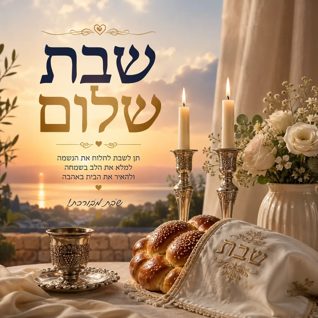 שולחן שבת עם חלה ונרות על רקע נוף שקיעה וכיתוב שבת שלום שבת מבורכת