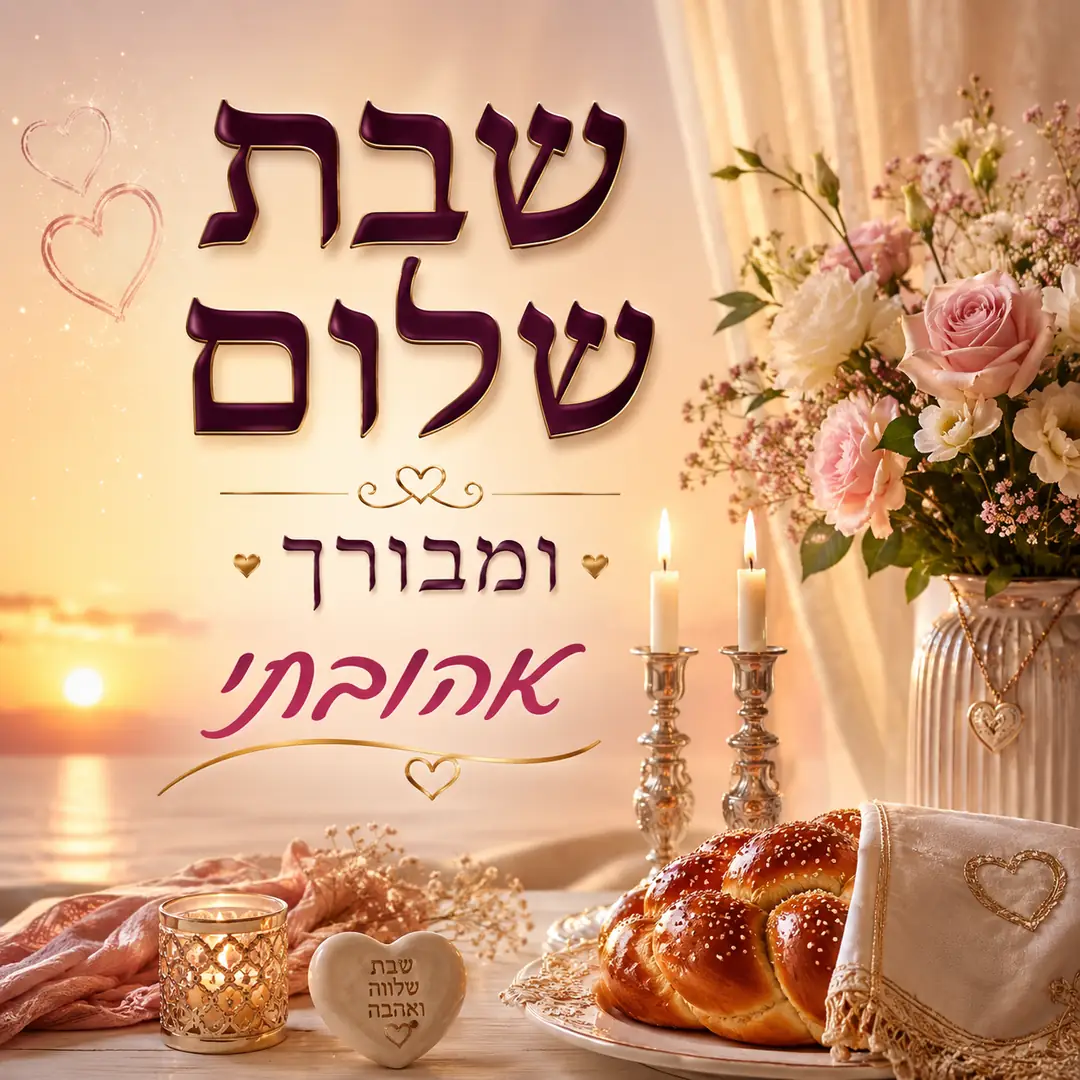 שולחן שבת עם חלה ופרחים ורודים על רקע שקיעה וכיתוב שבת שלום ומבורך אהובתי