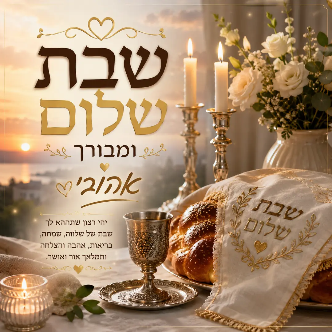 שולחן שבת מואר עם חלה וכוס קידוש וכיתוב שבת שלום ומבורך אהובי