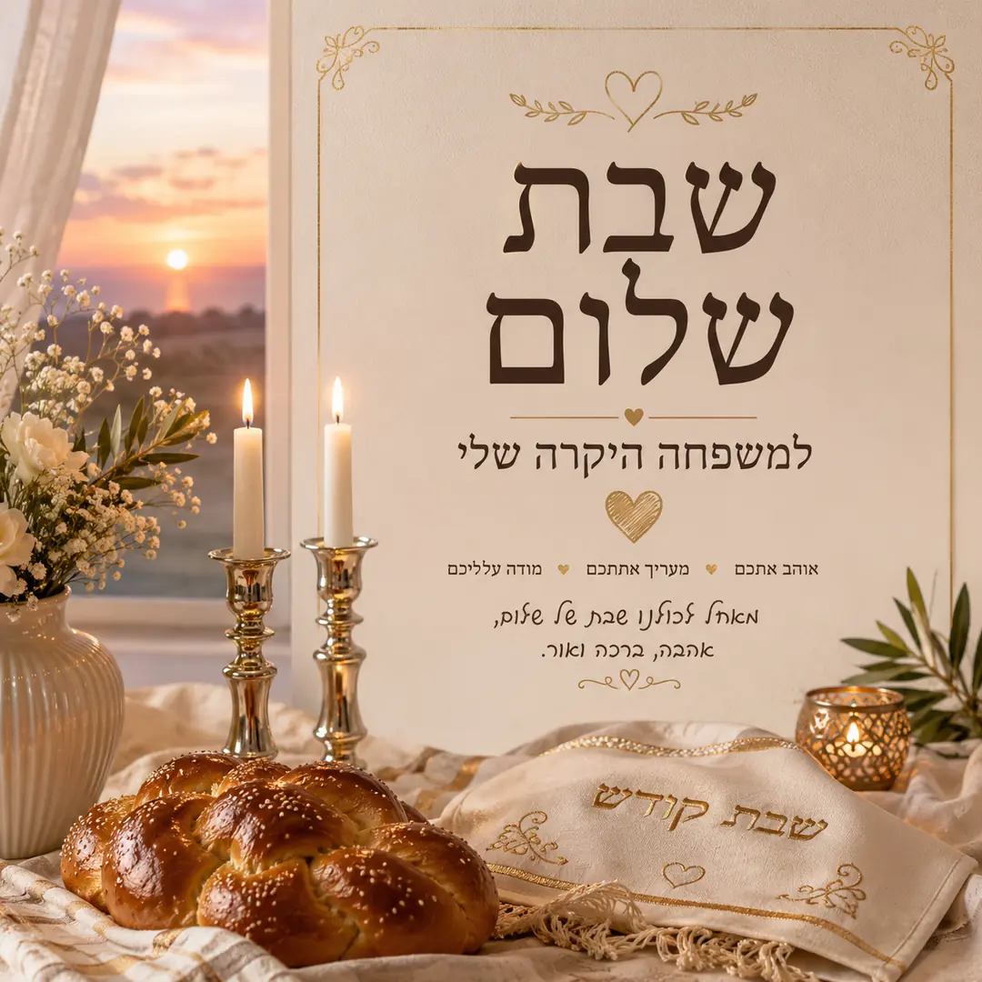 חלות שבת ונרות דולקים ליד חלון עם כיתוב שבת שלום למשפחה היקרה שלי