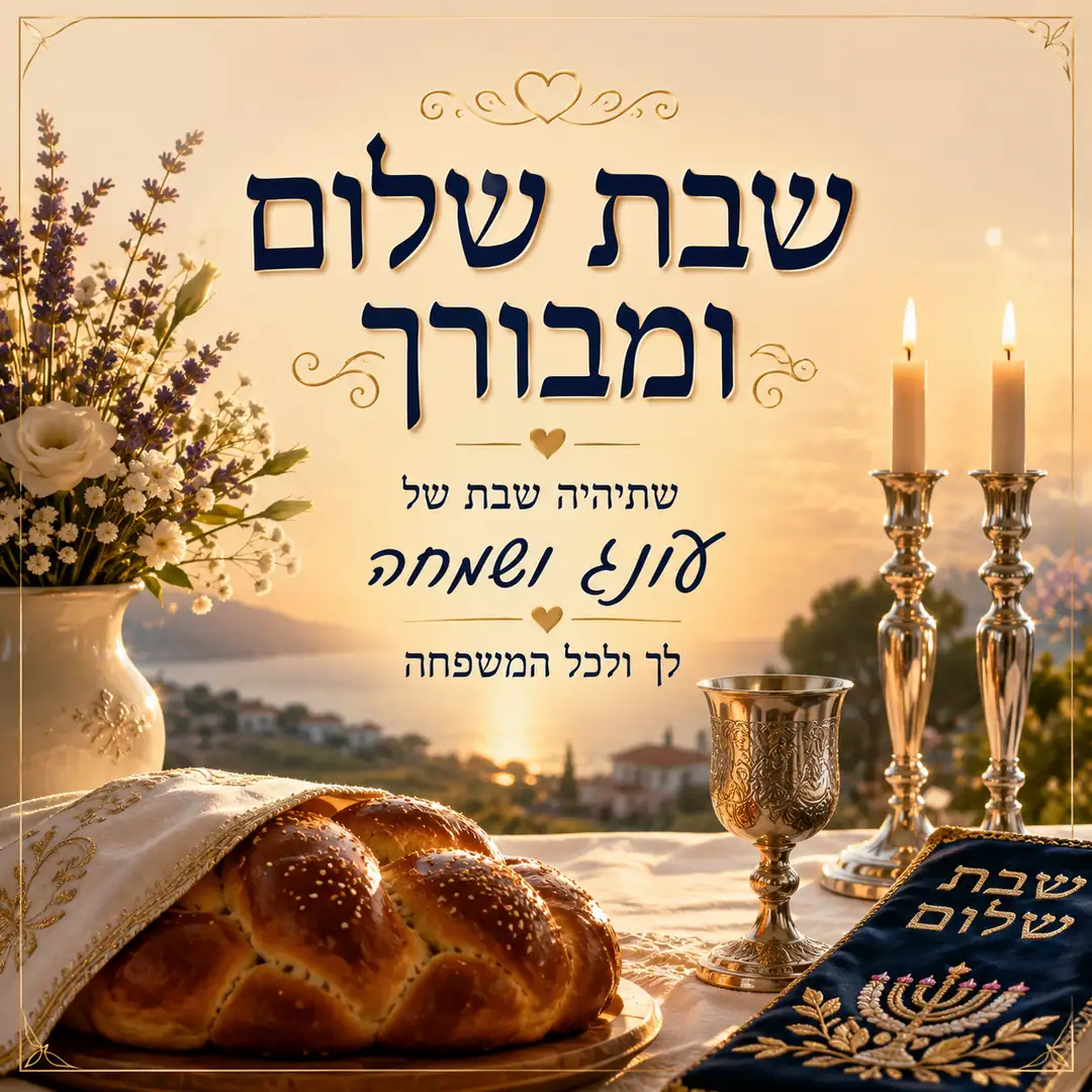 שולחן שבת עם חלה, נרות כסף ופרחי לבנדר וכיתוב שבת שלום ומבורך לך ולכל המשפחה