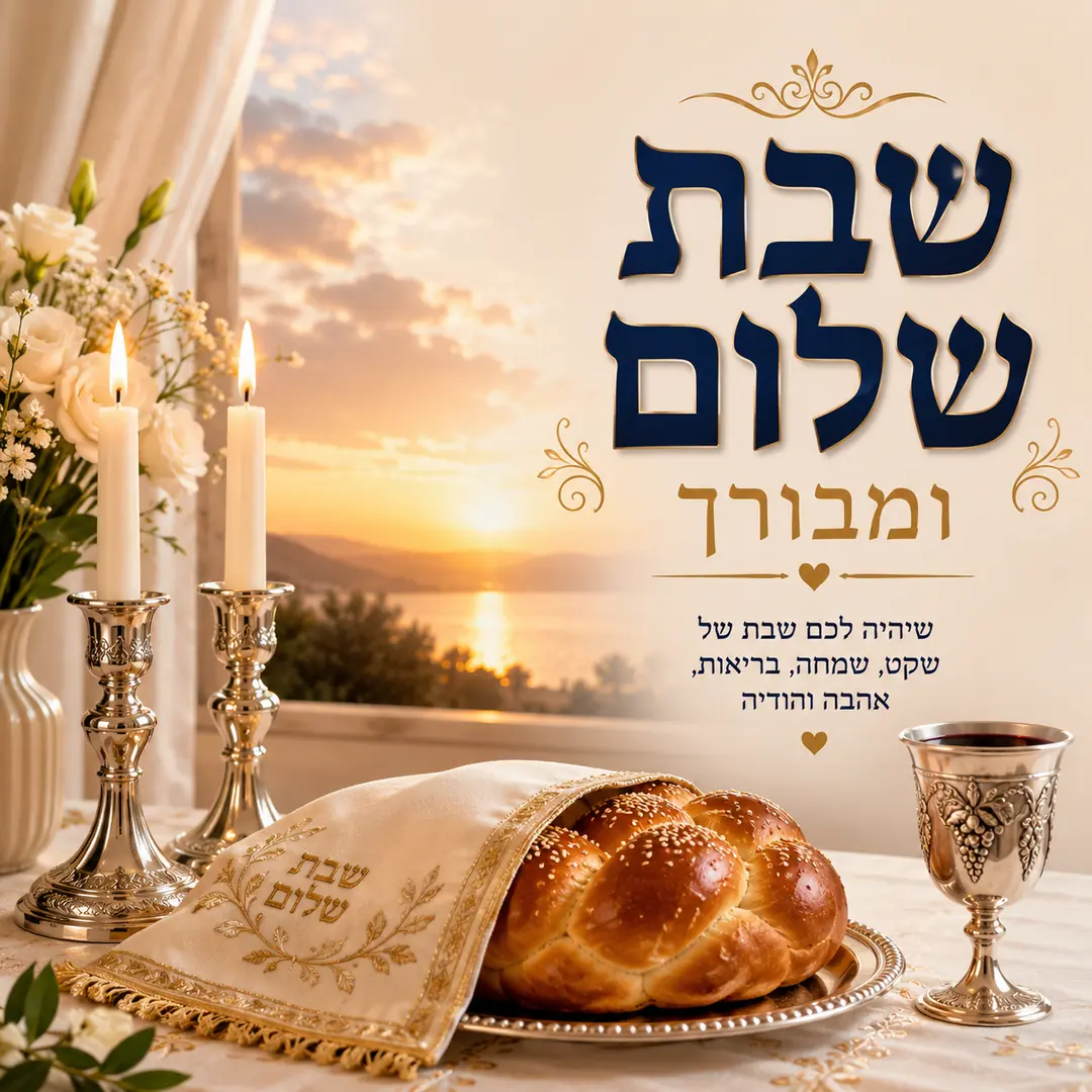שולחן שבת ערוך עם חלה, נרות וכוס קידוש על רקע שקיעה וכיתוב שבת שלום ומבורך