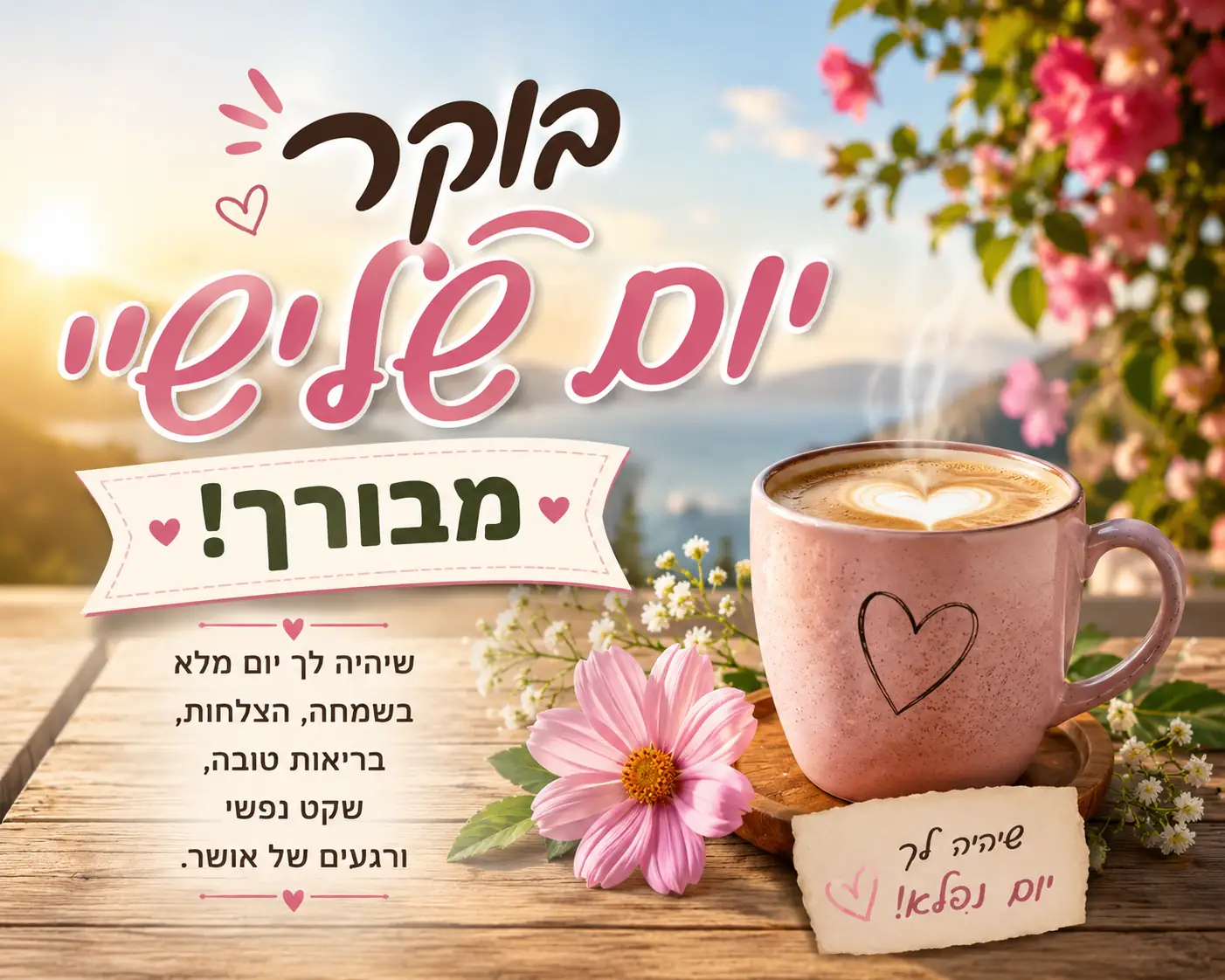 בוקר יום שלישי מבורך - ספל קפה ופרחים עם ברכה