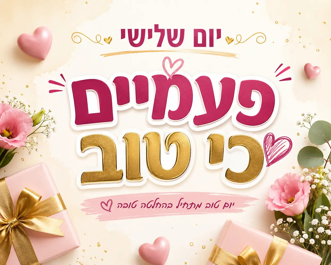 תמונה ליום שלישי פעמיים כי טוב עם מתנות ופרחים