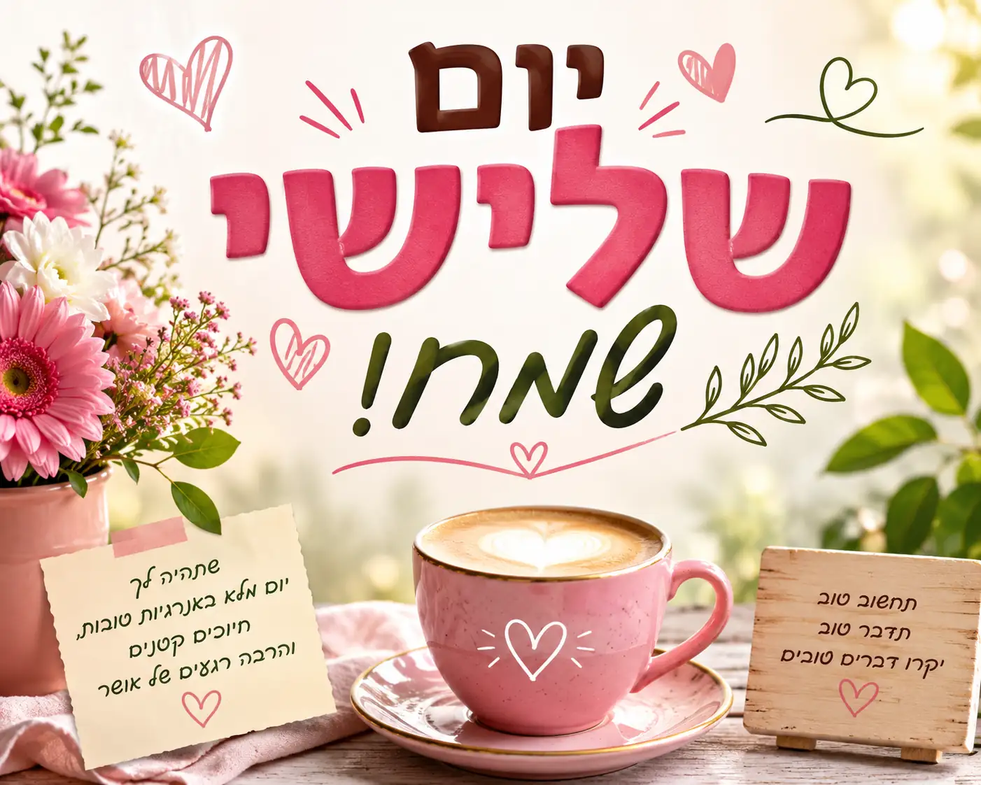 תמונה ליום שלישי שמח עם קפה ופרחים