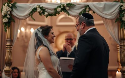 זוג עומד תחת חופה מסורתית בברכה קצרה לחתונה