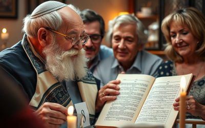 זקן יהודי עם טלית וספר תורה חוגג יום הולדת 80 עם משפחתו