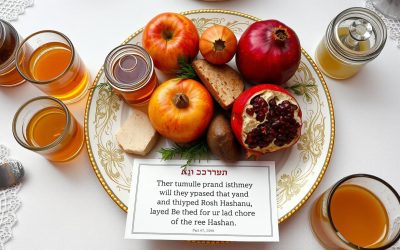 קערת סימני ראש השנה עם תפוח בדבש, רימון וסימנים מסורתיים לברכות ראש השנה